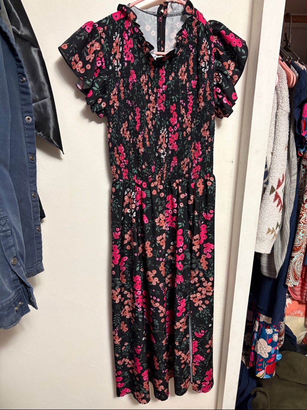 Floral Black Midi Dress with Pink & Coral Print